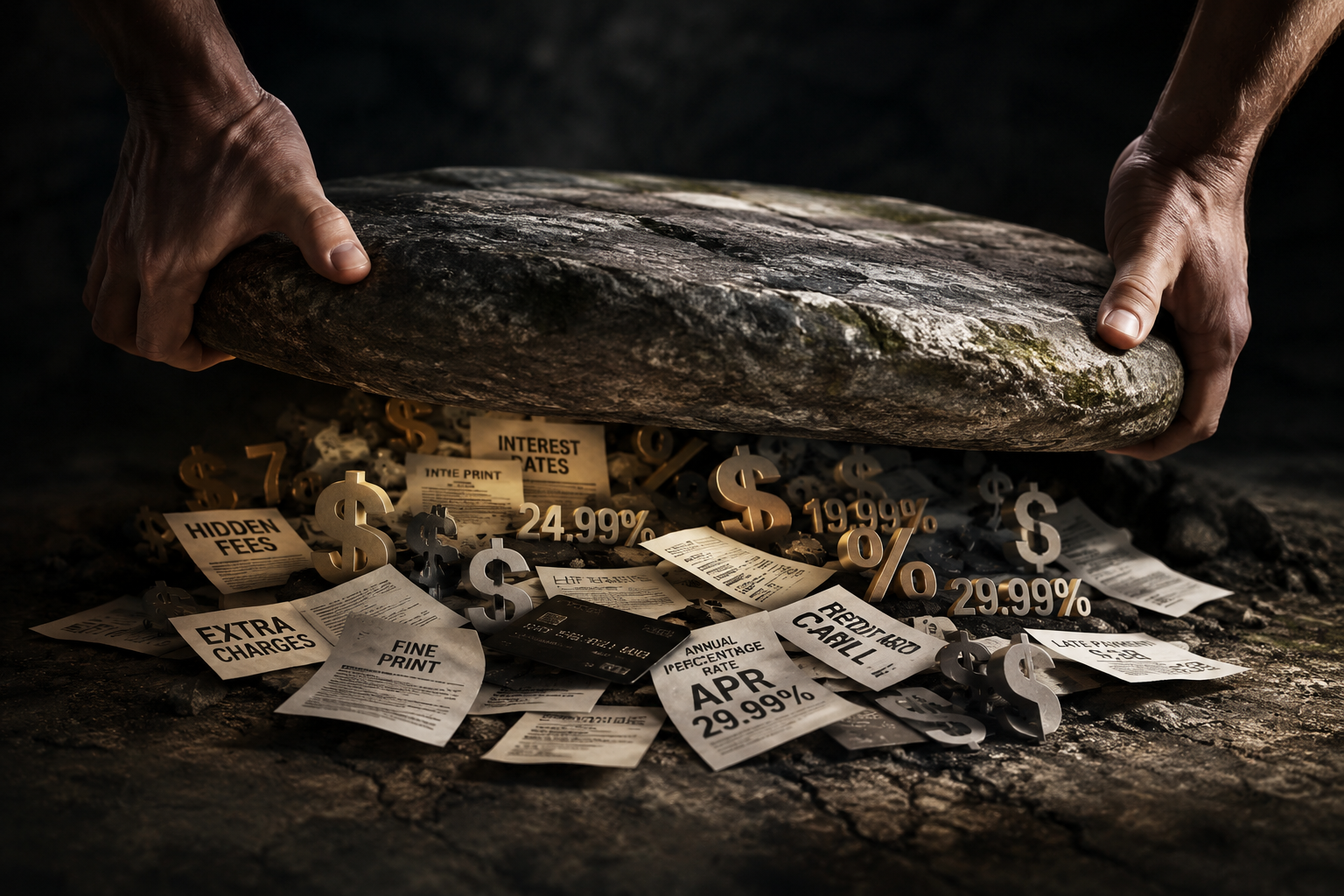 Lifting a rock to reveal hidden fees, interest rates, and fine print underneath
